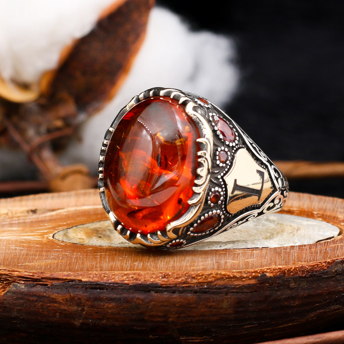 Amber Stone Personalized Letter Silver Ring