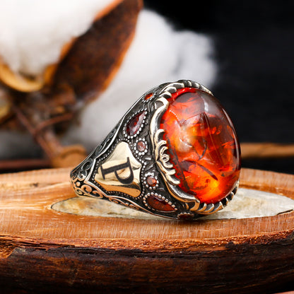 Amber Stone Personalized Letter Silver Ring