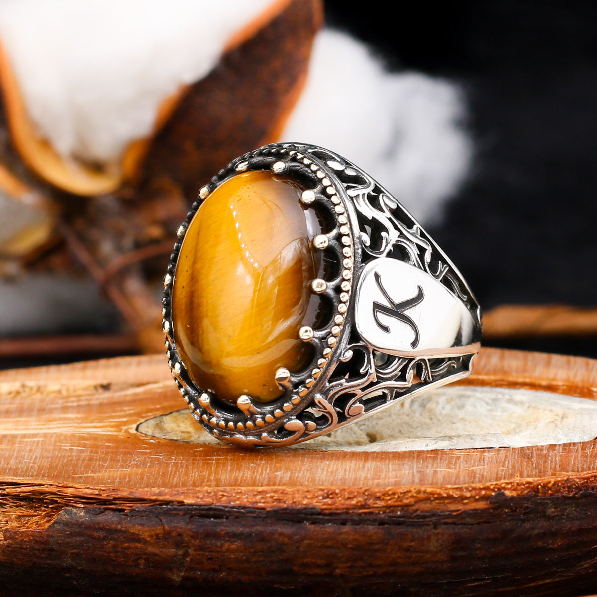 Tiger's Eye Stone Ring, Letter Personalized Ring