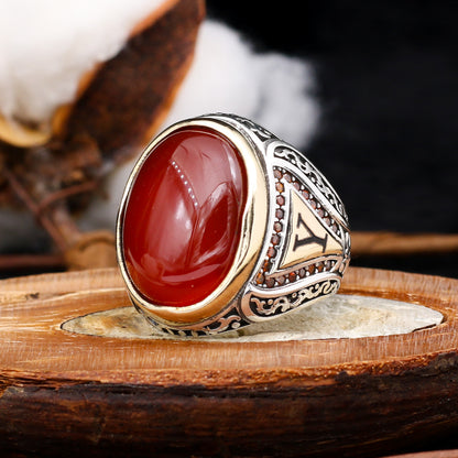 Red Agate Mens Silver Ring