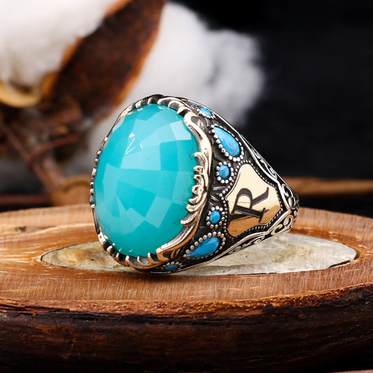 Turquoise Stone Personalized Letter Ring