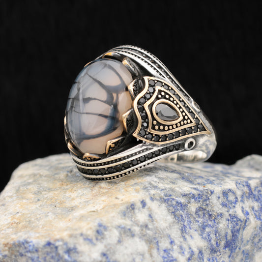 Agate Stone Men's Silver Ring