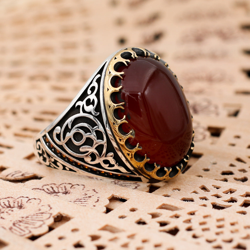 Red Agate Men's Silver Ring