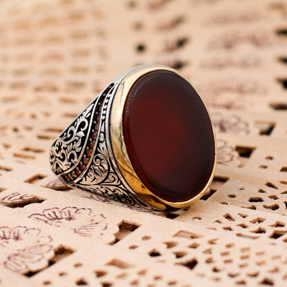 Red Agate Men's Ring, 925K Sterling Silver Jewelry