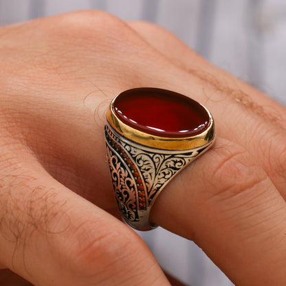 Red Agate Men's Ring, 925K Sterling Silver Jewelry