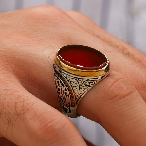 Red Agate Men's Ring, 925K Sterling Silver Jewelry