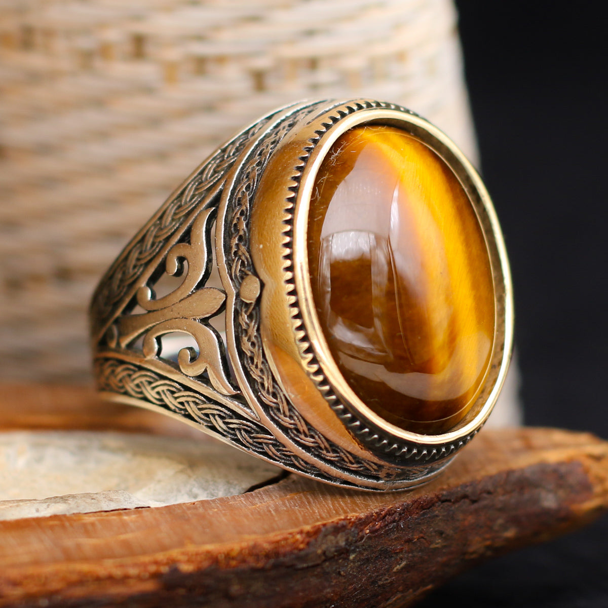 Tiger's Eye Stone Men's Ring, 925K Sterling Silver