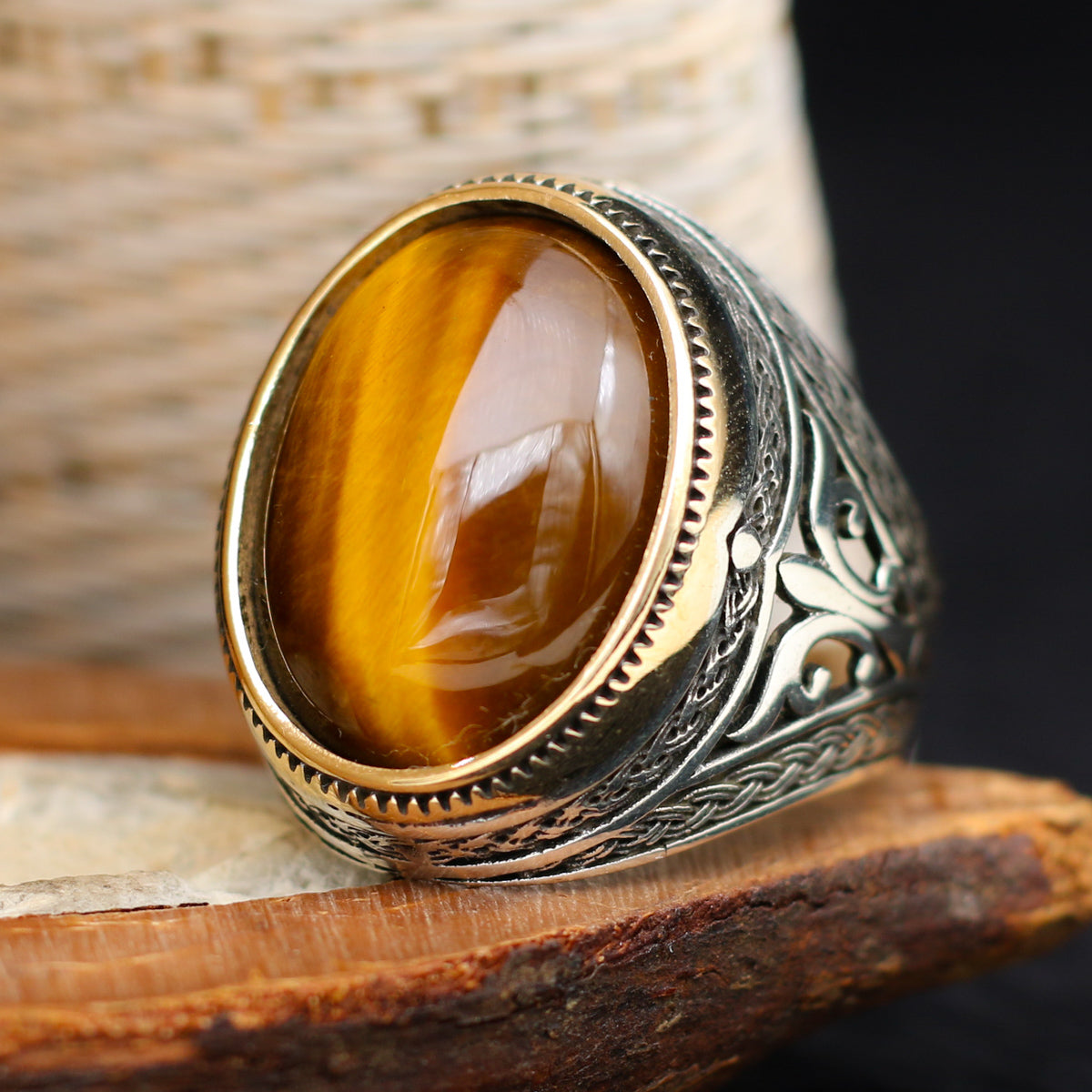 Tiger's Eye Stone Men's Ring, 925K Sterling Silver