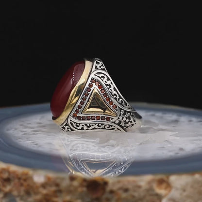 Red Agate Mens Silver Ring